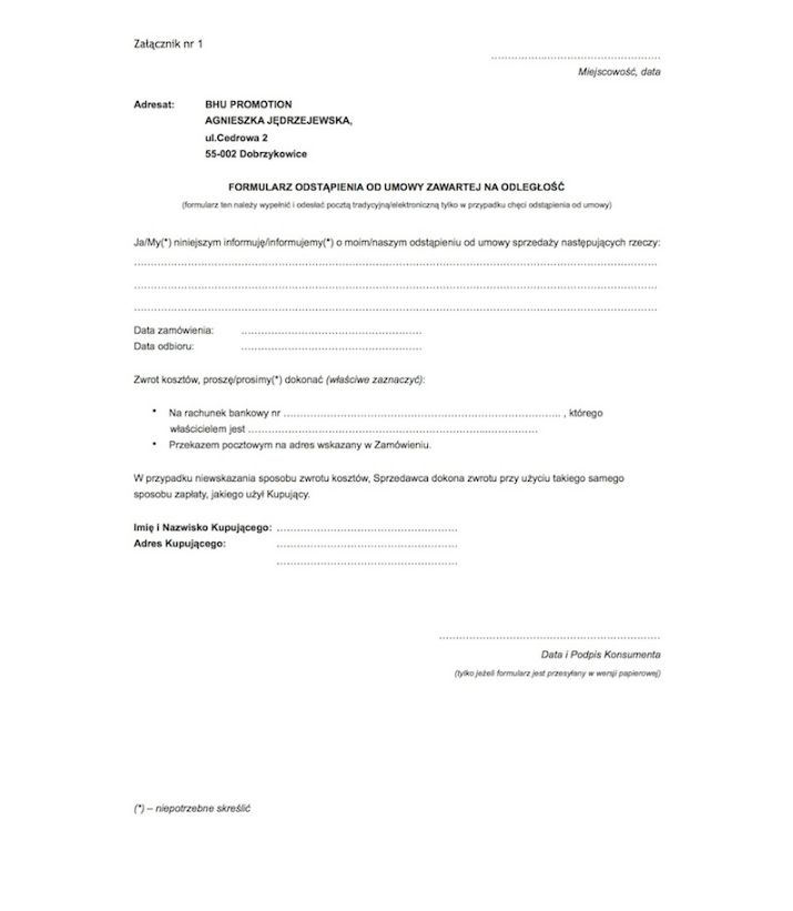 Załącznik nr 1 – Oświadczenie o odstąpieniu od umowy